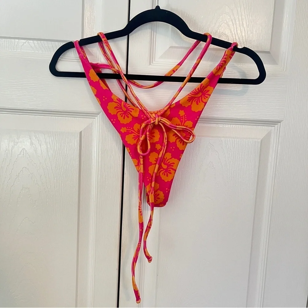 Frankies Bikinis Orange and Pink Terry Hibiscus 3 Piece Bikini Set Size L
